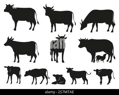 Kuh-Silhouette. Schwarze Kühe und Kälber Säugetiere. Piktogramm. Piktogramm für landwirtschaftliche Kühe oder Landmilchkühe, Kälber und Bullen. Isolierte Vektorsymbole festgelegt. Kuh-Silhouette. Schwarze Kühe und Kälber Säugetiere Vektorsymbole gesetzt Stock Vektor