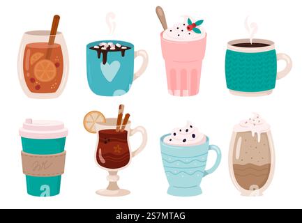 Warme Wintergetränke. Heiße Schokolade, Kakao mit Marshmallows und Schlagsahne. Glühwein im Winter, weihnachtskaffee oder heißes Teegetränk. Symbolsatz für isolierte Vektorabbildungen. Warme Wintergetränke. Heiße Schokolade, Kakao mit Marshmallows und Schlagsahne. Glühwein im Winter Becher Vektor Illustration Set Stock Vektor