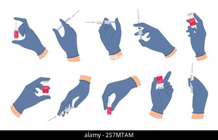 Hände des Arztes mit Impfstoff. Die Hand der Krankenschwester in medizinischen Handschuhen hält die Spritze und die Ampulle mit dem Arzneimittel. Influenza- oder covid-Impfkonzept Vektorset. Fläschchen oder Fläschchen zur Gesundheitsinjektion im Labor. Hände des Arztes mit Impfstoff. Die Hand der Krankenschwester in medizinischen Handschuhen hält die Spritze und die Ampulle mit dem Arzneimittel. Influenza- oder covid-Impfkonzept Vektorset Stock Vektor