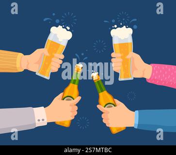 Applaus mit Biergläsern. Hände halten Glas und Flaschen mit Alkoholgetränken. Freunde stoßen auf Pub- oder Bar-Party an. Oktoberfest-Vektorkonzept. Illustration Bier Pub, Bar Lager Toast. Applaus mit Biergläsern. Hände halten Glas und Flaschen mit Alkoholgetränken. Freunde stoßen auf Pub- oder Bar-Party an. Oktoberfest-Vektorkonzept Stock Vektor