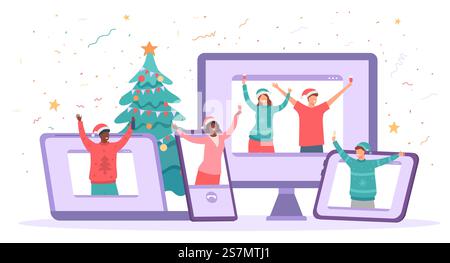 Virtuelle weihnachtsfeier. Glückliche Menschen feiern sicher das neue Jahr. Freunde Video Chat Treffen, Quarantäne Feiertagsfeier Vektor Konzept. Geräte wie Computer, Laptop, Tablet für die Kommunikation. Virtuelle weihnachtsfeier. Glückliche Menschen feiern sicher das neue Jahr. Freunde Video Chat Treffen, Quarantäne Feiertagsfeier Vektor Konzept Stock Vektor
