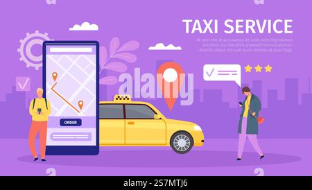 Online-Taxi-Service. Junge Mann und Frau bestellen Taxi per Smartphone. Großes Telefon mit Karte und Lage. Mobile App für Buchen Taxi Vektorkonzept. Route auf dem Handy-Bildschirm, Bewertung Reise oder Fahrt. Online-Taxi-Service. Junge Mann und Frau bestellen Taxi per Smartphone. Großes Telefon mit Karte und Lage. Mobile App für Buchen Taxi Vektorkonzept Stock Vektor