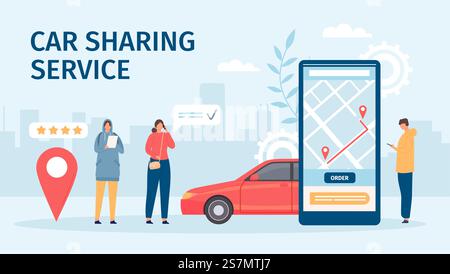Carsharing-Service. Großer Smartphone-Bildschirm mit mobiler App und Personen, die Autos zum Teilen oder Mieten bestellen. Flaches Online-Carsharing-Vektorkonzept. Buchung oder Mietwagen für die Reise in Anwendung. Carsharing-Service. Großer Smartphone-Bildschirm mit mobiler App und Personen, die Autos zum Teilen oder Mieten bestellen. Flaches Online-Carsharing-Vektorkonzept Stock Vektor