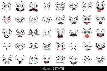 Cartoon-Gesichter. Ausdrucksstarke Augen und Mund, Lächeln, Weinen und überraschte Gesichtsausdrücke. Karikaturkomische Emotionen oder Emoticon-Doodle. Symbolsatz für isolierte Vektorabbildungen. Cartoon-Gesichter. Ausdrucksstarke Augen und Mund, Lächeln, Weinen und überraschte Charakter Gesichtsausdrücke Vektor Illustration Set Stock Vektor