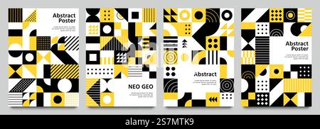 Geometrische Neo-Poster. Modernes Gittermuster mit geometrischen Formen. Abstrakter Vektorsatz für gelbe, weiße und schwarze Hintergründe. Geometrische Broschüre gelb und weiß, helle Illustration mit Geo-Muster. Geometrische Neo-Poster. Modernes Gittermuster mit geometrischen Formen. Abstrakter Vektorsatz für gelbe, weiße und schwarze Hintergründe Stock Vektor