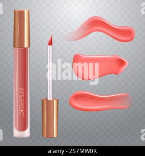 Make-up-Set für Lippen mit realistischem Cremeausstrich, realistischem flüssigem Lippenstift. Vektor. Make-up-Set für Lippen mit realistischem Cremeausstrich, realistischem flüssigem Lippenstift. Stock Vektor