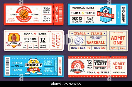 Sporttickets. Eintrittskarten für Baseball, american Football, Fußball, Hockey und Basketball. Vergleichen Sie Einladungsgutscheine mit dem Logo-Vektorsatz. Eintrittseinladung und Abholung. Sporttickets. Eintrittskarten für Baseball, american Football, Fußball, Hockey und Basketball. Vergleichen Sie Einladungsgutscheine mit dem Logo-Vektorsatz Stock Vektor