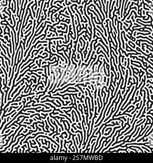 Nahtloses organisches Muster. Biologische Reaktionsdiffusion. Kreative abstrakte natürliche Struktur. Labyrinth mit welligen Linien und Punkten Vektortextur. Einfarbiger Hintergrund mit Kurven für Stoff. Nahtloses organisches Muster. Biologische Reaktionsdiffusion. Kreative abstrakte natürliche Struktur. Labyrinth mit welligen Linien und Punkten Vektortextur Stock Vektor