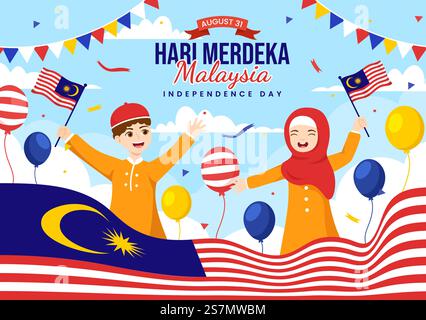 Malaysia Independence Day Vector Illustration am 31. August mit Waving Flag in National Holiday Flat Cartoon Hand Drawn Background Templates Stock Vektor