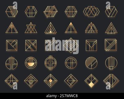 Geometrische Art-Deco-Formen. Goldene geometrische Kunstform, goldenes Kreissymbol und abstraktes Dreieck. Kreative Linien quadratisch und elegante geometrische Rautenvektor. Abbildung des geometrischen Dekorationsrahmens. Geometrische Art-Deco-Formen. Goldene geometrische Kunstform, goldenes Kreissymbol und abstraktes Dreieck. Kreative Linien quadratisch und elegante geometrische Rautenvektorset Stock Vektor