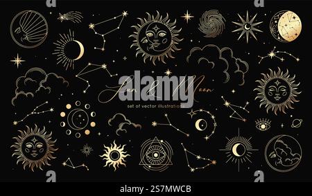 Goldener Satz von Sonne, Mond, Sternen, Wolken, Sternbildern und esoterischen Symbolen. Alchemie mystische Zauberelemente für Drucke, Poster, Illustrationen und Muster. Geistige Okkultismus-Objekte. Stock Vektor