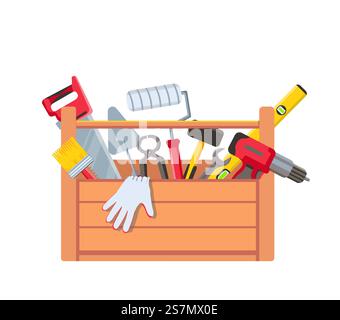 Toolbox mit Ausrüstung. Werkzeugkasten aus Holz mit Säge, Bohrer, Bürstenkelle und Gebäudeebene. Hausreparaturwerkzeuge. Wartungsvektorkonzept. Abbildung Kastenkonstruktion, Gerätehammer und Säge. Toolbox mit Ausrüstung. Werkzeugkasten aus Holz mit Säge, Bohrer, Bürstenkelle und Gebäudeebene. Hausreparaturwerkzeuge. Wartungsvektorkonzept Stock Vektor