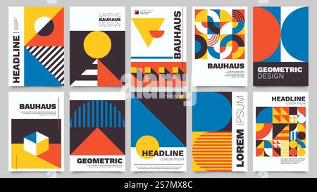 Bauhaus-Poster. Moderne abstrakte Broschüre mit geometrischen Formen, Dreiecken, Kreisen und Quadraten. Minimaler Vektor im auffälligen Architekturstil mit Vorlagen für einfache Figuren. Cover für Albumcover. Bauhausformen. Quadratische Fliesen mit modernen geometrischen Mustern mit abstrakten Figuren und Formen. Zeitgenössisches grafisches bauhaus Design Vektorset. Kunst mit Kreis-, Dreieck- und Quadrat-Linien Stock Vektor