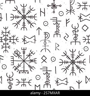 Futhark rundet nahtloses Muster. Nordische wikinger mit okkulten Symbolen. Isländische esoterische und magische alte Runenzeichen. Alte nordische Vektortextur. Magische Handzeichnung, Talisman-Schutz. Futhark rundet nahtloses Muster. Nordische wikinger mit okkulten Symbolen. Isländische esoterische und magische alte Runenzeichen. Alte nordische Vektortextur Stock Vektor
