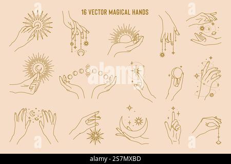 16 Vektor Magical Hands Set der Logo-Vorlage. Lineares Design, minimales Design. Planeten, Mondphasen, Sonne und Sterne. Esoterische und mystische Designelemente. Stock Vektor