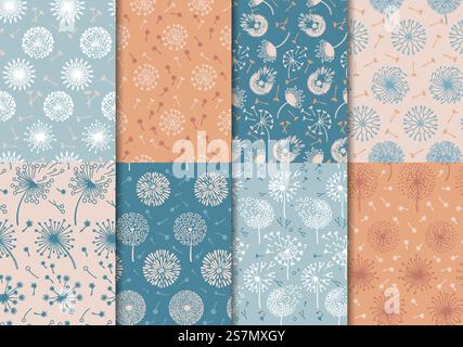 Löwenzahn nahtlose Muster. Naturgrafik mit Frühlingsblumen. Löwenzahn durch Wind geblasen, Blowball Blumen Boho Tapete Vektor Set. Windblumen, Naturkraut für Textilien oder Gewebe. Löwenzahn nahtlose Muster. Naturgrafik mit Frühlingsblumen. Löwenzahn durch Wind geblasen, Blowball Blumen Boho Tapete Vektor Set Stock Vektor