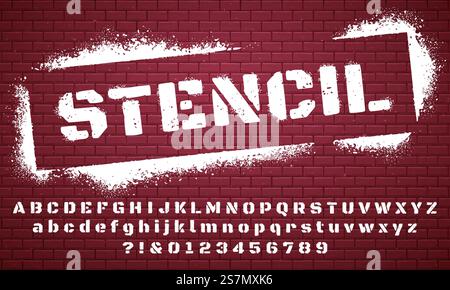 Schablonenschriftart. Mit Graffiti bemaltes Alphabet, schmutzige, strukturierte Schriftzüge und Grunge-Buchstaben. Militär-abc und -Nummern, Stempel-Typ Armee kratzt Text. Satz isolierter Vektorsymbole. Schablonenschriftart. Graffiti Spray gemalt Alphabet, schmutzige strukturierte Schriftzüge und Grunge Buchstaben Vektor Set Stock Vektor