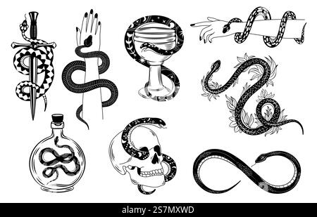 Schlangen-Tattoo. Okkulte Schlange um Hand, Schädel, Dolch, Schüssel und Gift. Schlangensilhouette in Blumen. Mystische Tattoos Vektorset. Illustration Tattooschlange, Symbol des Okkulten. Schlangen-Tattoo. Okkulte Schlange um Hand, Schädel, Dolch, Schüssel und Gift. Schlangensilhouette in Blumen. Mystische Tattoos Vektorset Stock Vektor