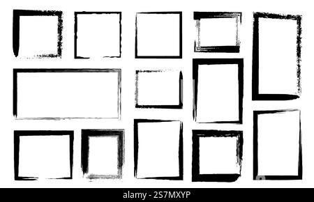 Schmirgelrahmen. Schmutzige Ränder mit schwarzen Pinselstrichen. Tinte rechteckiger Kanten mit Distress Textur. Vektorsatz für Skizzen mit grober Linie. Illustration Bannerrahmen unordentliche Textursammlung. Schmirgelrahmen. Schmutzige Ränder mit schwarzen Pinselstrichen. Tinte rechteckiger Kanten mit Distress Textur. Vektorsatz für Skizzen mit grober Linie Stock Vektor