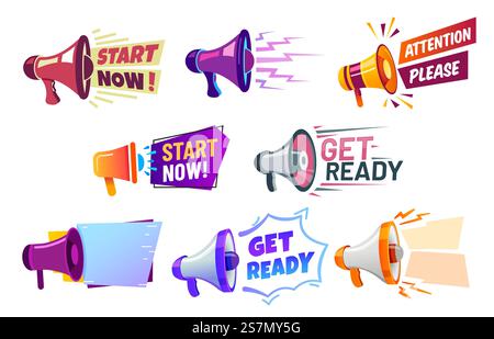 Werbebanner mit Megaphon. Machen Sie sich bereit Badge Speaker, Achtung bitte, und beginnen Sie jetzt Banner. Logo für Personalrekrutierung, Einstellung von Arbeit oder Shopping kreative Lautsprecher isolierte Vektorsymbole Set. Werbebanner mit Megaphon. Machen Sie sich bereit Badge Lautsprecher, Achtung bitte, und beginnen Sie jetzt Bannervektorset Stock Vektor