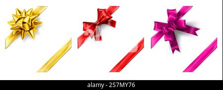 Realistische Schleifenecke. Geschenkdekoration, 3D-Bögen für Kastenecken und Vorlage für Weihnachtsgeschenke. Rote, goldene und rosa Geschenkbänder Vektor-Set. Bündel dekorativer Seidenbänder für festliche Verpackungen. Realistische Schleifenecke. Geschenkdekoration, 3D-Bögen für Kastenecken und Vorlage für Weihnachtsgeschenke. Rote, goldene und rosa Geschenkbänder Vektor-Set Stock Vektor