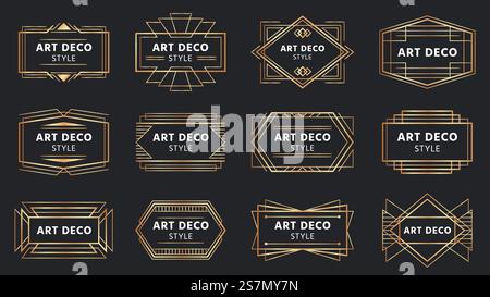 Goldene Art-Deco-Abzeichen. Goldenes Rahmenetikett, dekoratives Emblem und geometrische Rahmen Vektorset. Kollektion eleganter rechteckiger Ränder für Emblem und Etikett. Lineare Retro-Ornamente, Vintage-Dekorationen... Goldene Art-Deco-Abzeichen. Goldenes Rahmenetikett, dekoratives Emblem und geometrische Rahmen Vektorset Stock Vektor