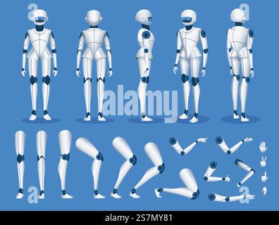 Roboter-android-Charakter. Futuristisches Cyborg-Maskottchen für künstliche Intelligenz posiert zur Animation. Humanoides Roboterkonstruktor-Element-Vektorset. Roboter-Cartoon-Kit, Körperteile Beine und Hände Illustration. Roboter-android-Charakter. Futuristisches Cyborg-Maskottchen für künstliche Intelligenz posiert zur Animation. Humanoides Roboterkonstruktor-Element-Vektorset Stock Vektor