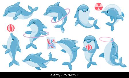Delfine mit Bällen. Niedliche Zeichentrickfigur mit blauem Delfin, springe durch den Reifen und zeichne. Meerestiere Delfinarium Performance Vektor Set. Dolphin Show Performance Springreifen Illustration. Delfine mit Bällen. Niedliche Zeichentrickfigur mit blauem Delfin, springe durch den Reifen und zeichne. Meerestiere Delfinarium Performance Vektor Set Stock Vektor