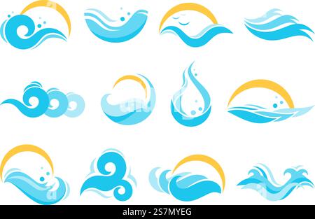 Meerwassersymbole. Ozeanwellen, Agua-Spritzer und blaue Flusswellen. See Wasser, fließende Oberfläche. Gale Foam, stürmische Gezeiten oder Surf-Swirls-Logo. Illustrationssatz für isolierte Vektorsymbole. Meerwassersymbole. Ozeanwellen, Agua-Spritzer und blaue Flusswellen. See-Gewässer, fließende Oberfläche isolierte Vektor-Symbol-Illustration Set Stock Vektor
