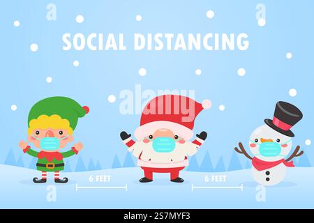Santa Elf und Rentier tragen Masken und verlassen den sozialen Raum, um die Corona während der Weihnachtszeit zu verhindern. Stock Vektor