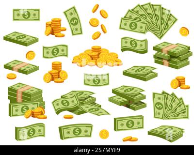 Cartoon-Banknoten und -Münzen. Grüne Dollar-Scheine, Pakete, Stapel und Stapel. Fliegende Banknote und fallende Goldmünze. Bankzahlungsvektorset. Illustrationsstapel mit Bargeld-Dollar, Geldfinanzierung. Cartoon-Banknoten und -Münzen. Grüne Dollar-Scheine, Pakete, Stapel und Stapel. Fliegende Banknote und fallende Goldmünze. Bankzahlungsvektorset Stock Vektor