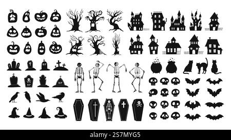 Grauenhafte Silhouetten. Gruselige halloween Dekor Schädel und Skelette, Hexenhüte, schwarze Katzen, Krähen und Friedhofssärge. Gruselige Haus-Vektor-Set. Illustration Horror Kürbis und Feierlichkeiten. Grauenhafte Silhouetten. Gruselige halloween Dekor Schädel und Skelette, Hexenhüte, schwarze Katzen, Krähen und Friedhofssärge. Gruselige Haus-Vektor-Set Stock Vektor