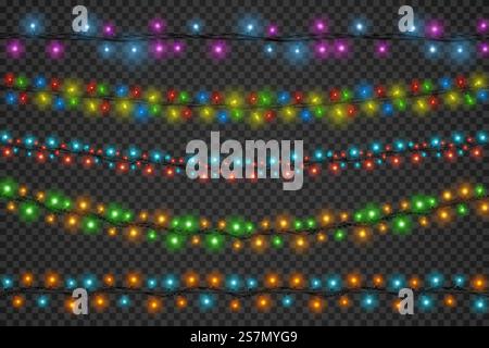 Realistische weihnachtlich leuchtende Lichterranken. Winterferien, Party oder festliche Dekoration Schnur mit LED Lichtern Vektor Set. Glühlampe hell zu Winterurlaub Illustration. Realistische weihnachtlich leuchtende Lichterranken. Winterferien, Party oder festliche Dekoration Schnur mit LED Lichtern Vektor Set Stock Vektor