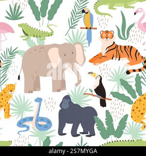 Jungle animals and tropical palm leaves decorative seamless pattern. Exotic rainforest print with tiger, parrot and leopard vector texture. Illustration of jungle animal pattern. Jungle animals and tropical palm leaves decorative seamless pattern. Exotic rainforest print with tiger, parrot and leopard vector texture Stock Vektor