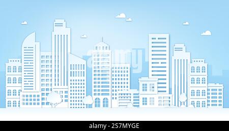 Papierschnitt der Stadt. Stadtlandschaft mit Wolkenkratzern, Gebäuden, Bäumen, Himmel und Wolken. Origami-Silhouette des urbanen Panorama-Vektorkonzepts. Architektonische Wolkenkratzerstadt, Blick auf Origami-Stadtpanorama. Papierschnitt der Stadt. Stadtlandschaft mit Wolkenkratzern, Gebäuden, Bäumen, Himmel und Wolken. Origami-Silhouette des urbanen Panorama-Vektorkonzepts Stock Vektor