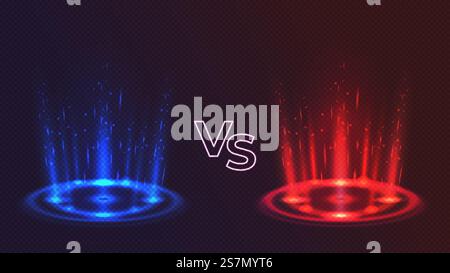 Rot gegen blau leuchtendes Hologramm Podiumsplätze für den Spielkampf. Realistisch vs. Konkurrenz mit Lichteffekt. Magische Portale für Kampf-Vektor-Konzept. Illustration von gegen Hologramm, Spiel-Kampf. Rot gegen blau leuchtendes Hologramm Podiumsplätze für den Spielkampf. Realistisch vs. Konkurrenz mit Lichteffekt. Magische Portale für Kampf-Vektor-Konzept Stock Vektor
