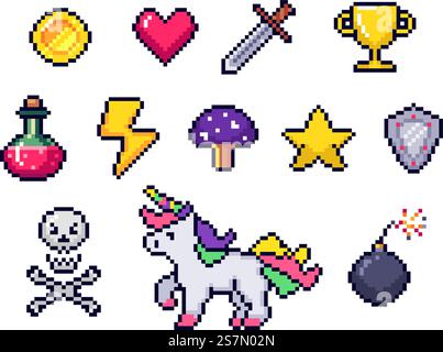 Pixel-Spielelemente. Retro-8-Bit-Spielekunst, pixeliges Herz und Star-Ikone. Spielpixel, Arcade-Pixelspiel Einhorn, Bombe und Münze. Farbenfrohe Vektorsatz für isolierte Symbole. Pixel-Spielelemente. Retro-8-Bit-Spielekunst, pixeliges Herz und Star-Ikone. Spielpixel-Symbole Vektorsatz Stock Vektor
