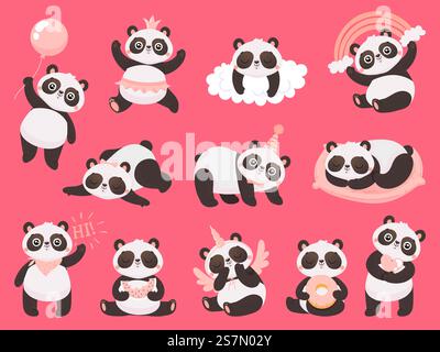 Cartoon süßer Panda. Kleine Pandas, niedliche Schlaftiere und pinkfarbene Pandabärin. Chibi Maskottchen Charakter, Bambus Pandas Ausdruck. Symbolsatz für isolierte Vektorabbildungen. Cartoon süßer Panda. Kleine Baby Pandas, entzückende schlafende Tiere und rosa Prinzessin Pandabär Vektor Illustration Set Stock Vektor