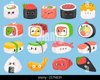 japanisches Sushi, Brötchen und Garnelentempura mit Kawaii-Gesichtern. Süßes asiatisches Essen Nigiri mit Lachs. Onigiri lustige Charaktere Vektor-Set. Asiatische Küche mit Fischzutaten und Emotionen Stock Vektor
