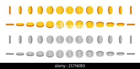 Zeichentrickfilm-Animation-Sprites. Gold- und Silbermünzen drehen und drehen sich. Runder Dollar für animiertes Spiel. Geldsymbol im Vektorsatz der Winkelansicht. Illustration Silber- und Goldmünze, drehen und drehen. Zeichentrickfilm-Animation-Sprites. Gold- und Silbermünzen drehen und drehen sich. Runder Dollar für animiertes Spiel. Geldsymbol im Vektorsatz der Winkelansicht Stock Vektor