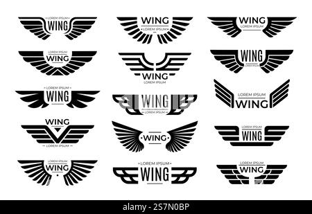 Wings-Abzeichen. Fliegendes Emblem, Adlervogelflügel und geflügelter Rahmen. Patchabzeichen für Piloten, Emblem für die Armee oder Aufkleber für den Biker. Isolierte Vektorsymbole festgelegt. Wings-Abzeichen. Fliegendes Emblem, Adler Vogelflügel und geflügelte Rahmenvektorsatz Stock Vektor