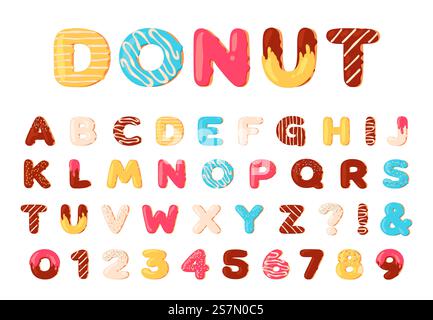 Donuts-Alphabet. Süße Donut-Schriftzeichen und -Zahlen mit Sahne. Cartoon gebacken und Schokolade glasiert. Dessert abc Vektorset. Abbildung Donut- und Tortennummer abc. Donuts-Alphabet. Süße Donut-Schriftzeichen und -Zahlen mit Sahne. Cartoon gebacken und Schokolade glasiert. Dessert abc Vektorset Stock Vektor