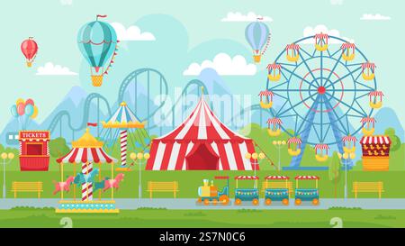Amüsantes Parkfestival. Vergnügungsattraktionen Landschaft, Kinderkarussell und Riesenrad Attraktion. Zirkusunterhaltung, faire Unterhaltung oder Karnevalräder Vektorillustration. Amüsantes Parkfestival. Vergnügungsattraktionen Landschaft, Kinderkarussell und Riesenrad Anziehung Vektor Illustration Stock Vektor