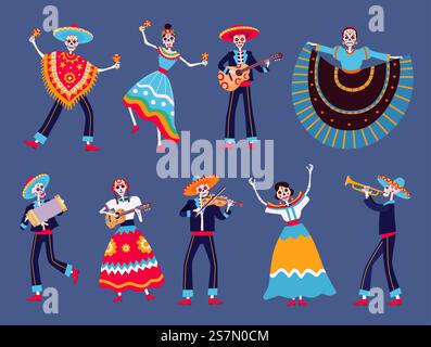 Tag der toten Skelette. Mexikanische Dia de los muertos Skelett-Tänzer-Charaktere. Catrina, Mariachi Musiker Skelette mit Gitarrenvektor Set. Illustration mexikanisches Skelett bis zum Tag des Todes. Tag der toten Skelette. Mexikanische Dia de los muertos Skelett-Tänzer-Charaktere. Catrina, Mariachi Musiker Skelette mit Gitarrenvektor Set Stock Vektor