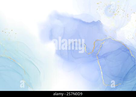 Türkisfarbener und blauer flüssiger Aquarellhintergrund mit goldenen Glitzerlinien. Pastellfarbe Cyan Marmor Alkohol Zeichnen Effekt mit Goldfolienrissen. Vektor-Illustration abstrakter flüssiger Kunsthintergründe. Türkisfarbener und blauer flüssiger Aquarellhintergrund mit goldenen Glitzerlinien. Pastellfarbe Cyan Marmor Alkohol Zeichnen Effekt mit Goldfolienrissen. Vektor-Illustration abstrakter flüssiger Kunsthintergründe Stock Vektor