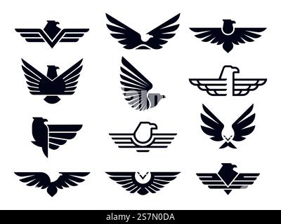 Adlersymbol. Silhouette fliegende Adler-Emblem, geflügeltes Abzeichen und Schablone mit den „Freedom Falk Wings“-Flügeln. Fliegenflügel-Logo, Falken-Wappenstempel oder Uniform-Aufkleber der usa. Bündel isolierter Vektorsymbole. Adlersymbol. Silhouette fliegende Adler Emblem, geflügelte Abzeichen und Freiheit Falken Flügel Schablone Vektor Symbole bündeln Stock Vektor