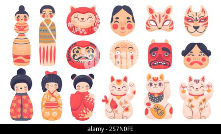 Traditionelles japanisches Spielzeug. Daruma, kokeshi Puppen, maneki Neko Glückskatze und Maske aus Japan. Niedlicher Zeichentrickfilm asiatische Kultur Symbole Vektor Set. Japan-Spielzeug, japanische Daruma traditionelle Illustration. Traditionelles japanisches Spielzeug. Daruma, kokeshi Puppen, maneki Neko Glückskatze und Maske aus Japan. Niedlicher Zeichentrickfilm asiatische Kultur Symbole Vektor Set Stock Vektor