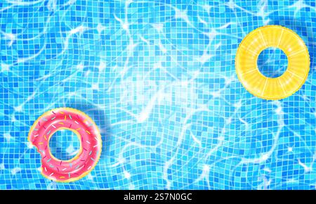 Swimmingpool mit schwimmendem Ring, ätzenden Wellen und Sonnenlicht-Blendwirkung. Wasseroberfläche mit Wellenhintergrund. Realistische Vektordarstellung der Unterwasser-Bodenstruktur, Draufsicht. Swimmingpool mit zwei schwimmenden Ringen, ätzenden Wellen und Sonnenlicht-Blendeffekt. Wasseroberfläche mit Wellenhintergrund. Realistische Vektordarstellung der Unterwasser-Bodenstruktur, Draufsicht Stock Vektor