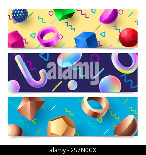 Abstrakte Banner für geometrische 3D-Formen. Farbenfrohe holografische 3D-Objekte aus den 80er Jahren, moderner Bannerrahmen für Kunstkomposition. Abstraktionsposter, Hipster 90er-Broschüre isoliertes Vektorset. Abstrakte Banner für geometrische 3D-Formen. Bunte holographische 3D-Objekte der 80er Jahre Hintergrund, moderne Kunstkomposition Banner Rahmenvektorsatz Stock Vektor