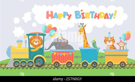 Grußkarte Tiere im Zug. Alles Gute zum Geburtstag niedliches Tier im Eisenbahnwagen, Haustiere fahren auf Spielzeuglokomotive lustiges Poster. Elefanten-, Löwen- und Giraffen-Charakter-Reise-Zeichentrickfilm-Illustration. Grußkarte Tiere im Zug. Alles Gute zum Geburtstag niedliches Tier im Eisenbahnwagen, Haustiere fahren auf Spielzeuglokomotive lustige Zeichentrickillustration Stock Vektor